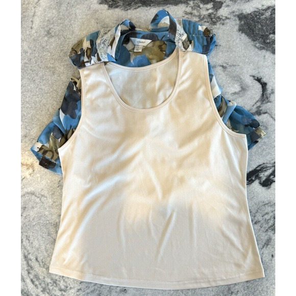 CJ BANKS Womens 14W Blue Brown Cream 3/4 Sheer Sleeves Lined Blouse Top - Picture 10 of 12